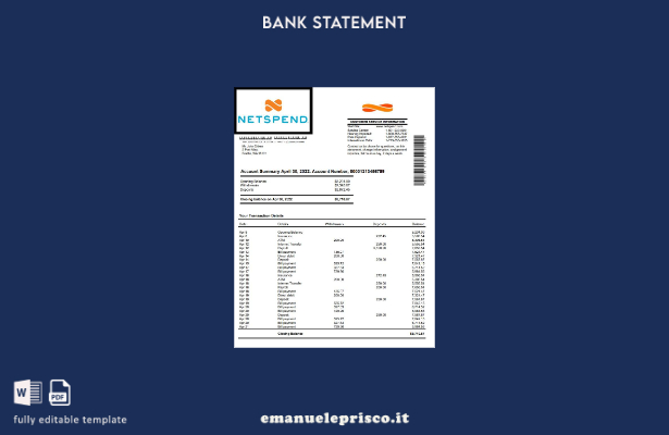 modello word di estratto conto bancario Netspend USA in stile verificato